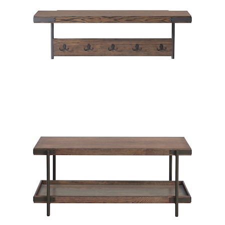 Alaterre Furniture Kyra 42"L Oak and Metal Coat Hook with Shelf and Bench Set ANKY0324RBG